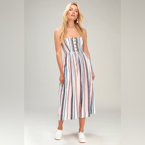 Free People Lilah Multi Striped Pleated Midi Dress - Picture 2 of 13